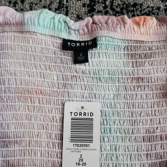 NWT Torrid 2 Pastel Tie Dye Smocked Off Shoulder Smocked Babydoll Top, 2X 18-20 - Picture 6 of 9